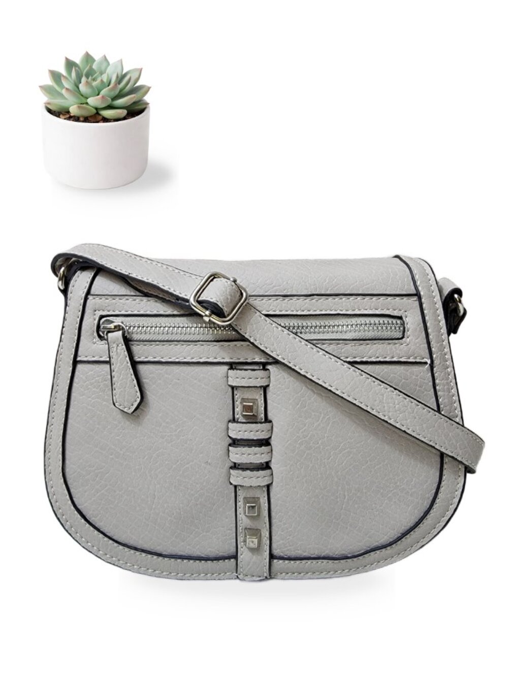a.n.a A New Approach Saddle Crossbody Bag Ivory Faux Leather Studded Flap Purse